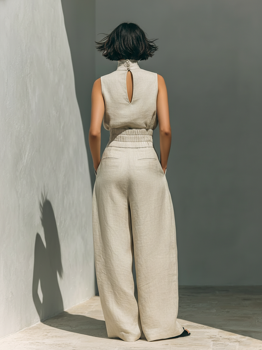 Maria | Completo minimalista da donna in cotone e lino con top e pantaloni ampi
