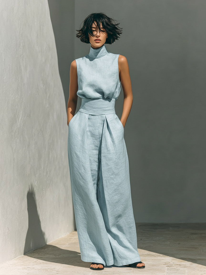 Maria | Completo minimalista da donna in cotone e lino con top e pantaloni ampi