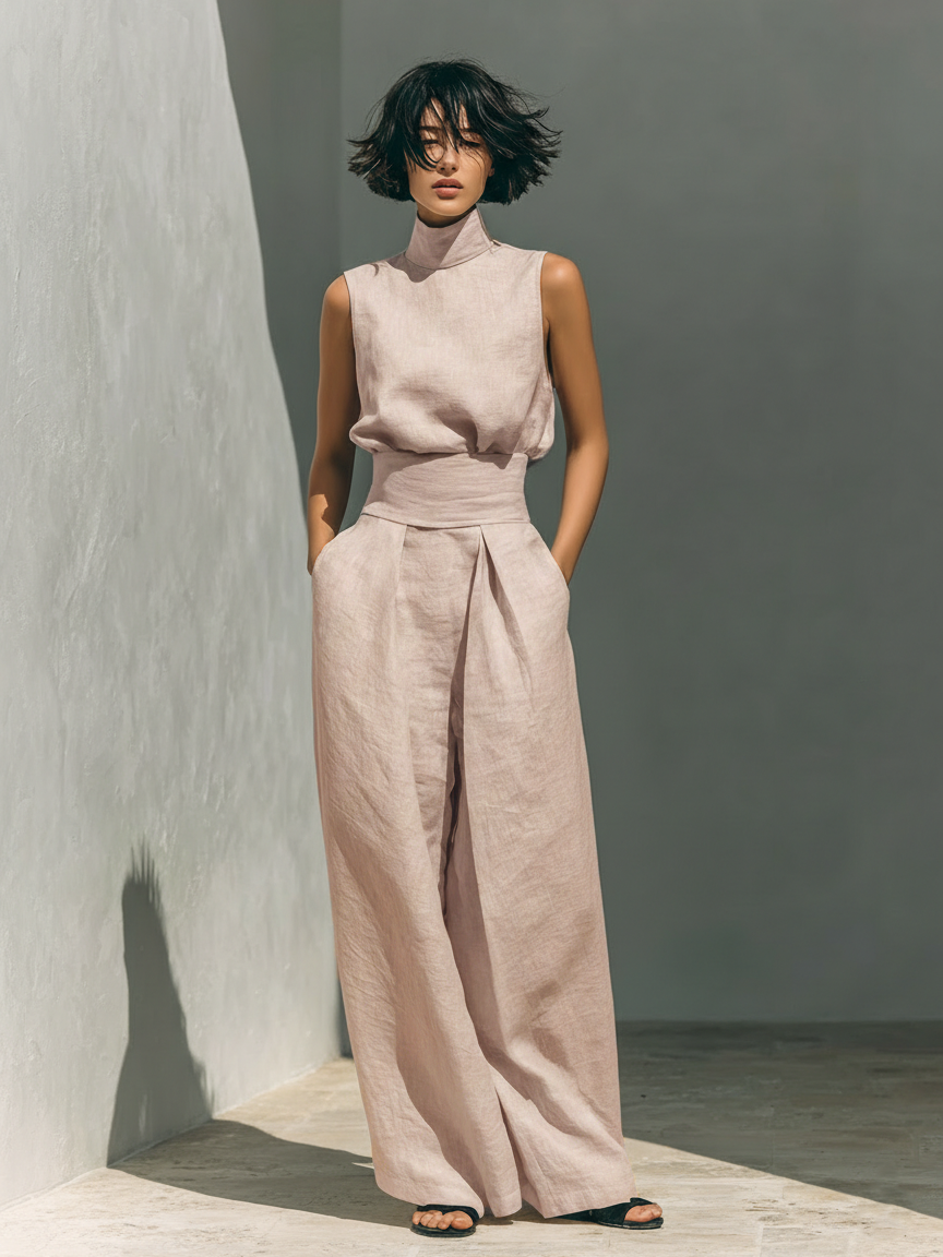 Maria | Completo minimalista da donna in cotone e lino con top e pantaloni ampi