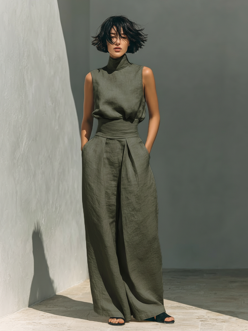 Maria | Completo minimalista da donna in cotone e lino con top e pantaloni ampi