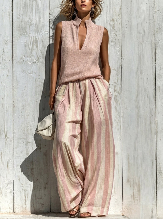 Completo top senza maniche e pantaloni a righe larghi
