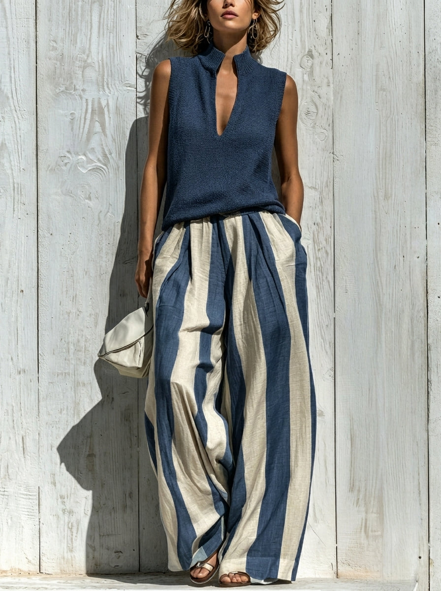 Completo top senza maniche e pantaloni a righe larghi
