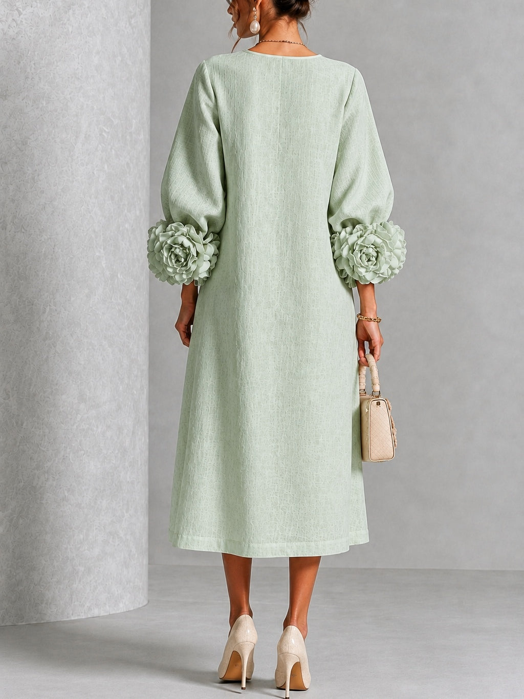 Delia | Minivestido de mezcla de lino con puños color rosa, verde salvia