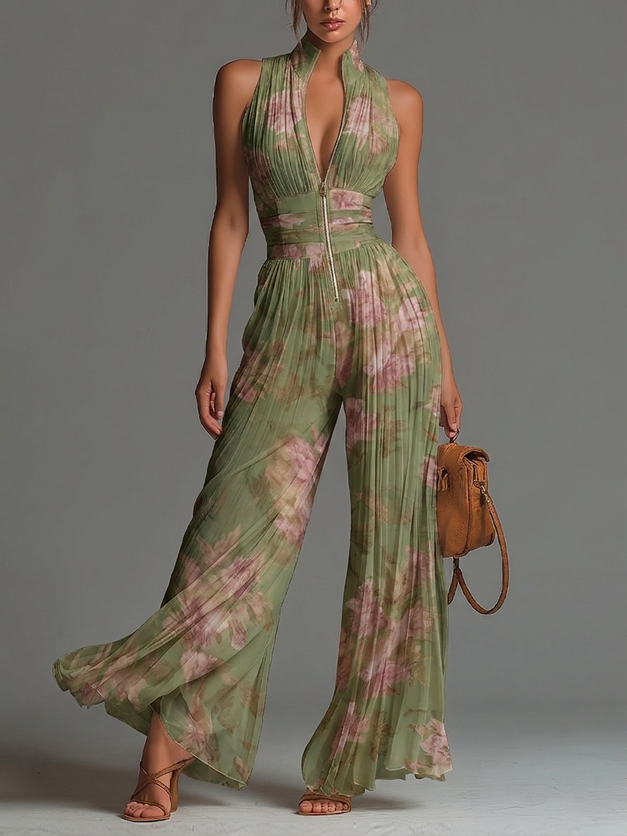 Giada - Salopette in Chiffon Verde Floreale con Scollo a V, Senza Maniche, con Zip e Pieghe, a Gamba Larga