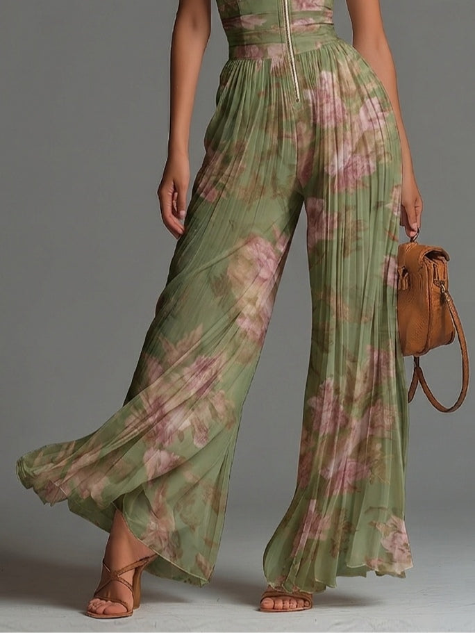 Giada - Salopette in Chiffon Verde Floreale con Scollo a V, Senza Maniche, con Zip e Pieghe, a Gamba Larga