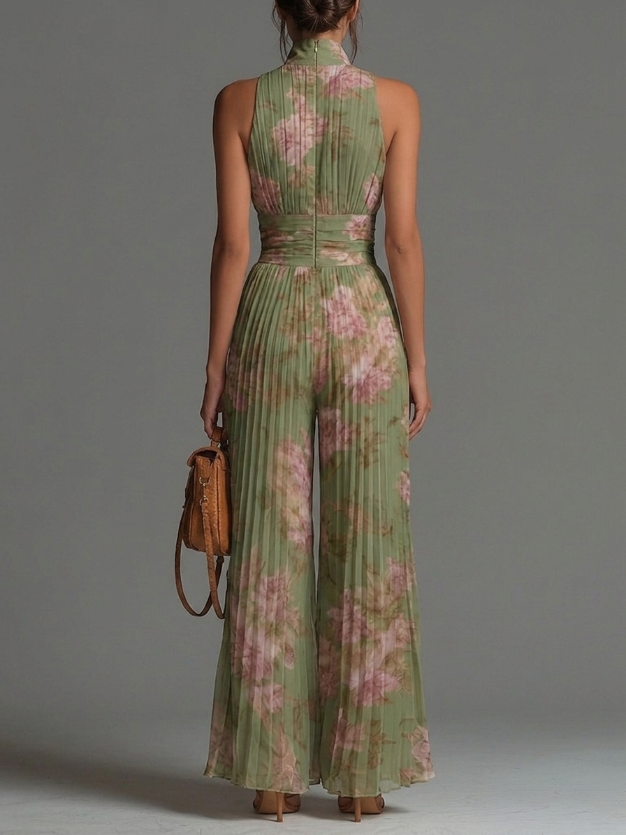 Giada - Salopette in Chiffon Verde Floreale con Scollo a V, Senza Maniche, con Zip e Pieghe, a Gamba Larga