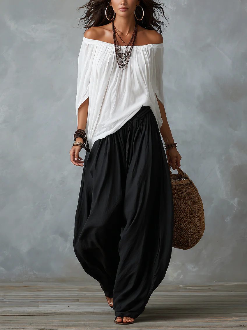 Top Bianco Off-the-shoulder e Pantaloni Lantern Svasati