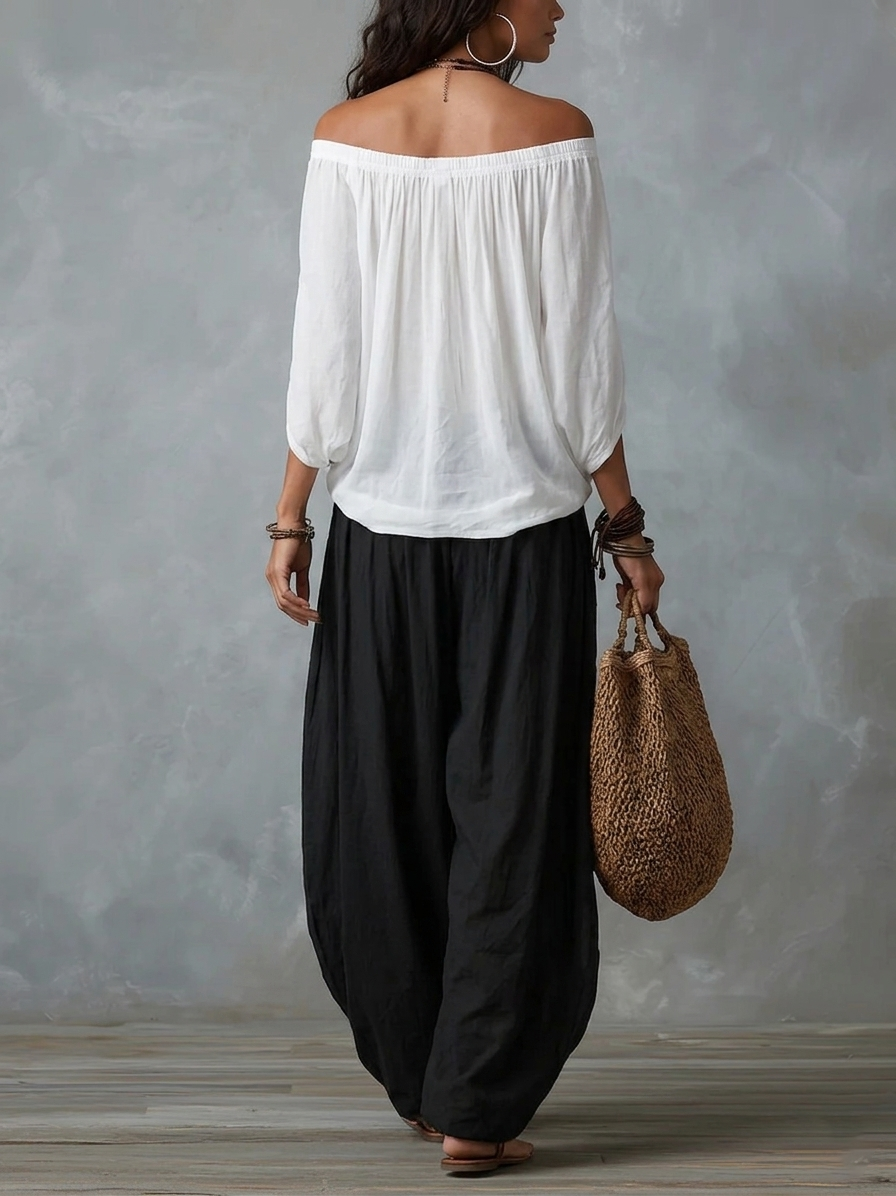Top Bianco Off-the-shoulder e Pantaloni Lantern Svasati