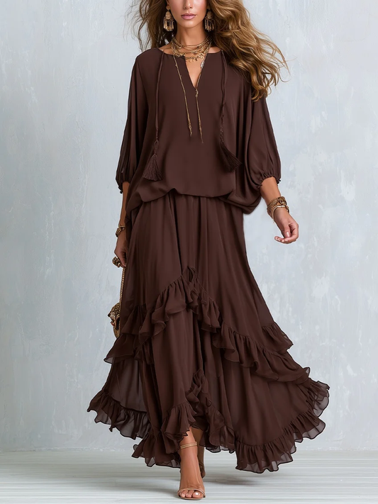 Siena | Completo con Top in Chiffon Marrone con Nappine e Scollo a V con Coulisse Regolabile e Gonna a Strati con Volant