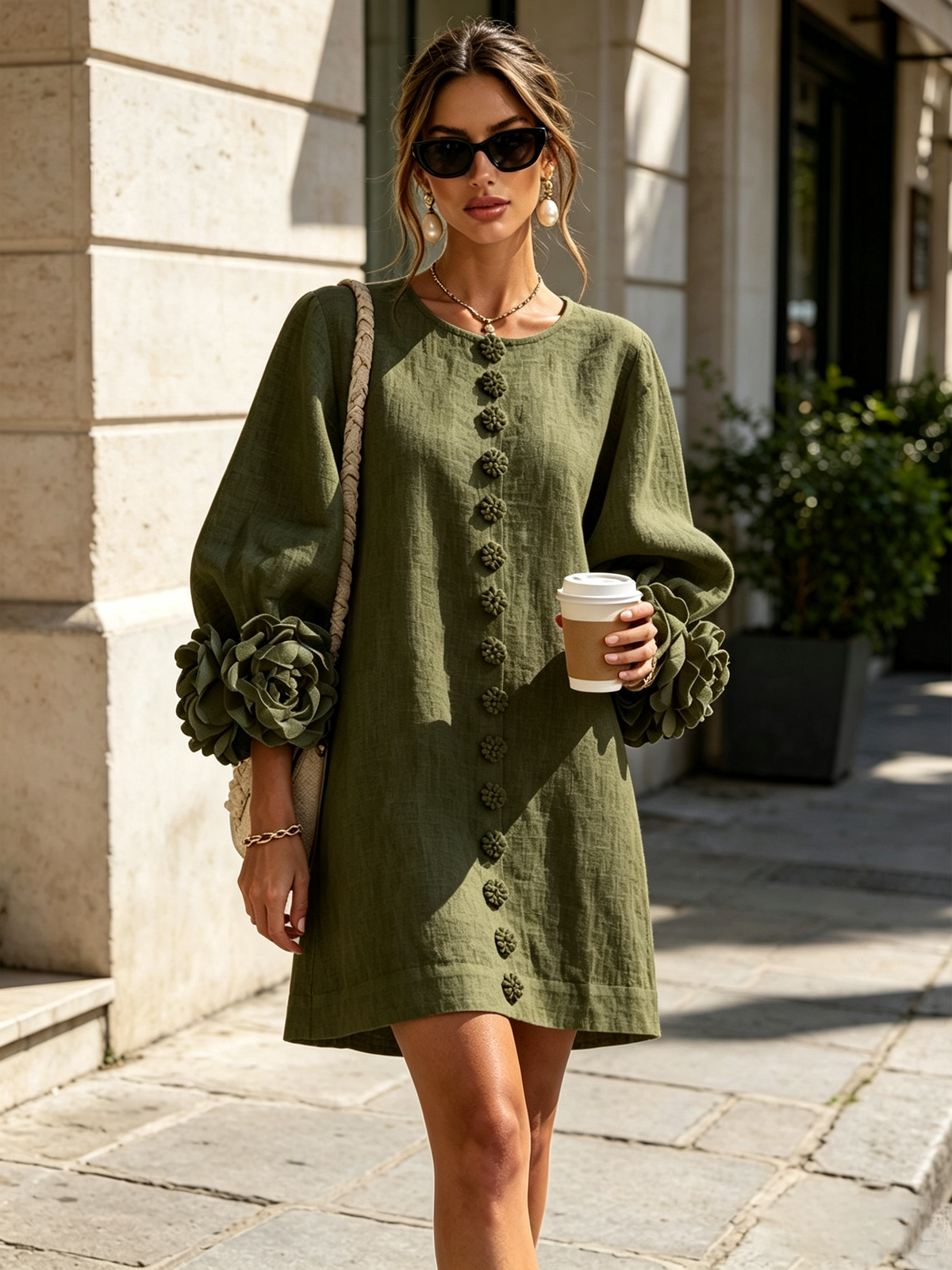 Minivestido camisero floral verde oliva con puños florales originales.