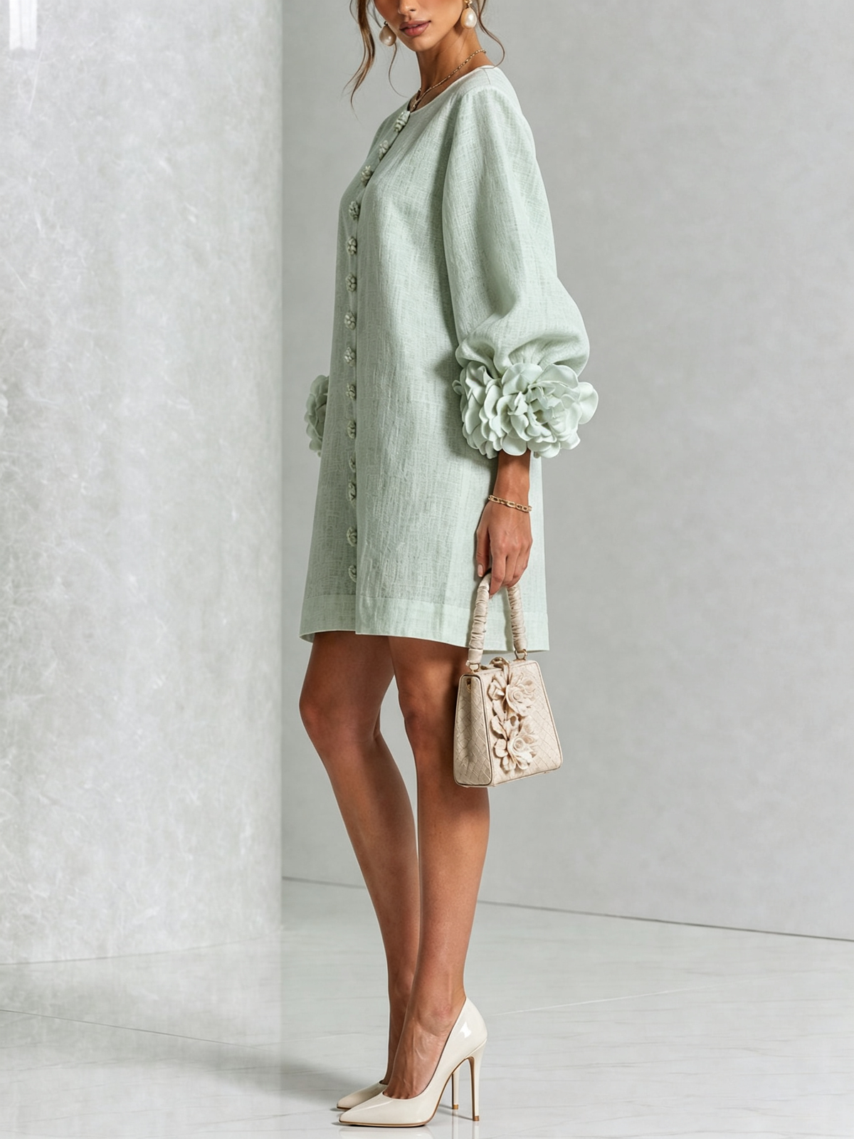 Minivestido blanco con botones florales y mangas florales extravagantes.