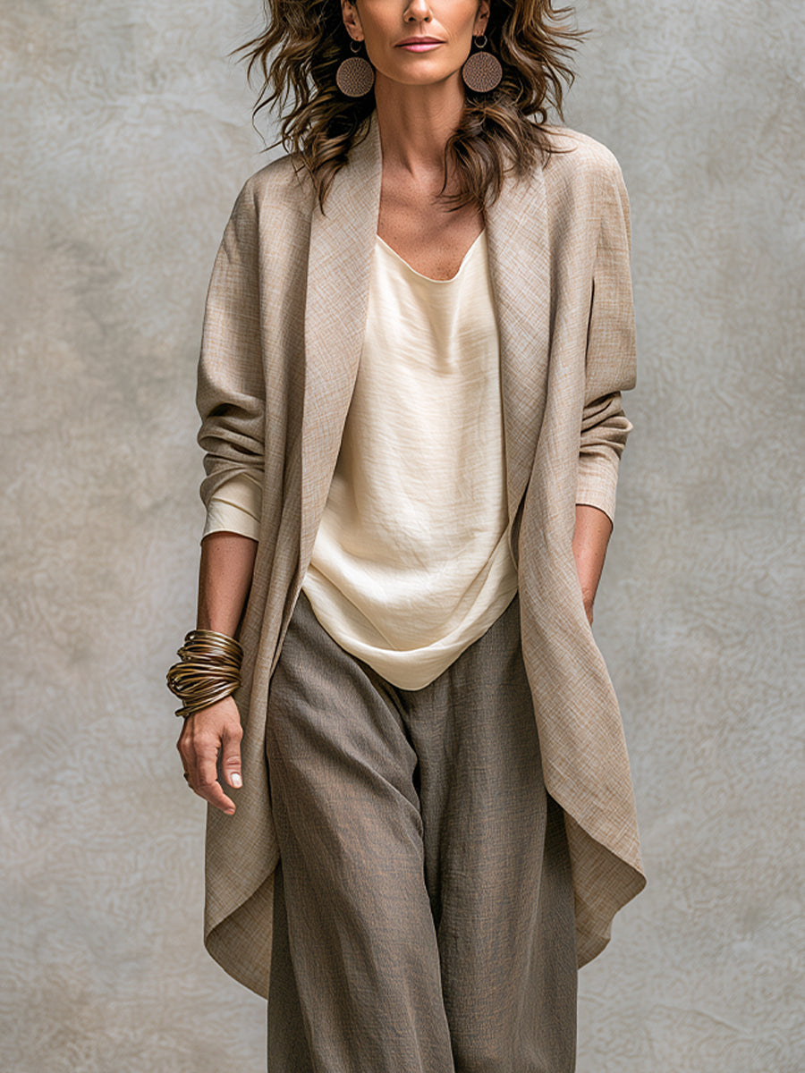 Costanza | Completo tre pezzi beige e grigio, casual a strati, con pantaloni a palazzo, elegante
