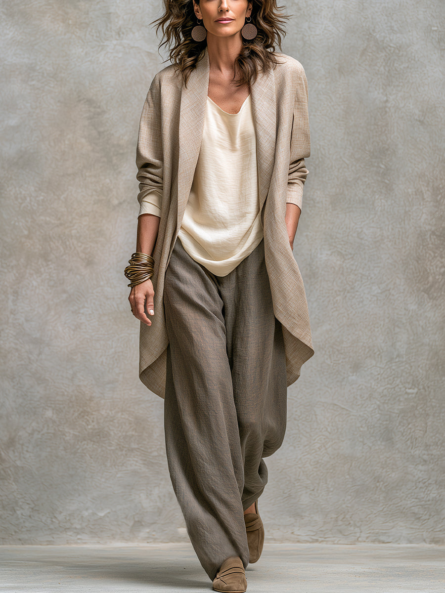 Costanza | Completo tre pezzi beige e grigio, casual a strati, con pantaloni a palazzo, elegante