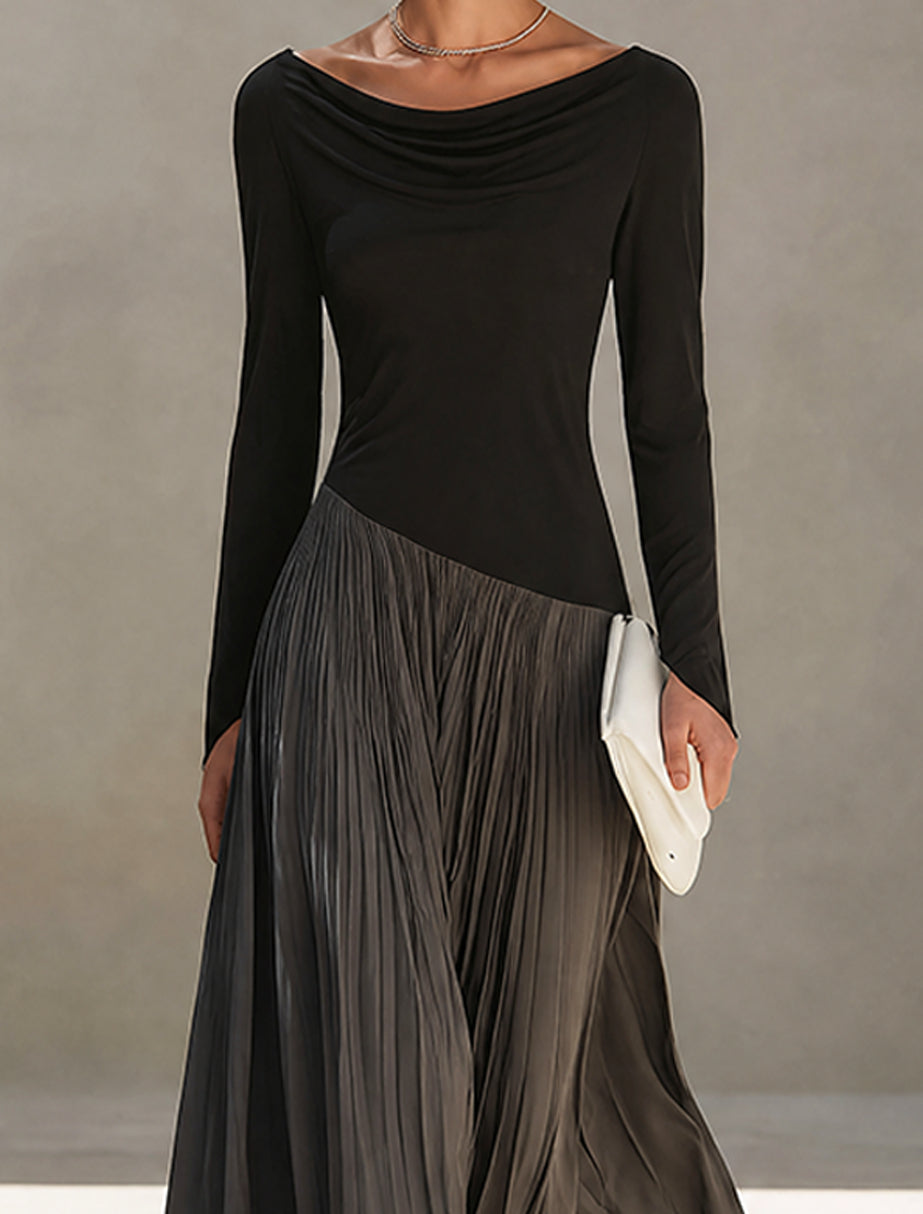 Abito Maxi Plissettato con Collo Drappeggiato Bicolore Nero e Grigio