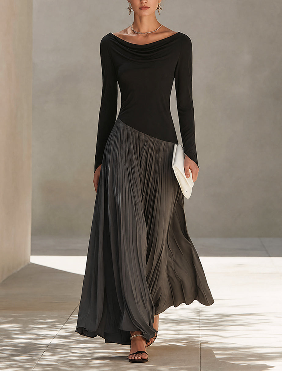 Abito Maxi Plissettato con Collo Drappeggiato Bicolore Nero e Grigio