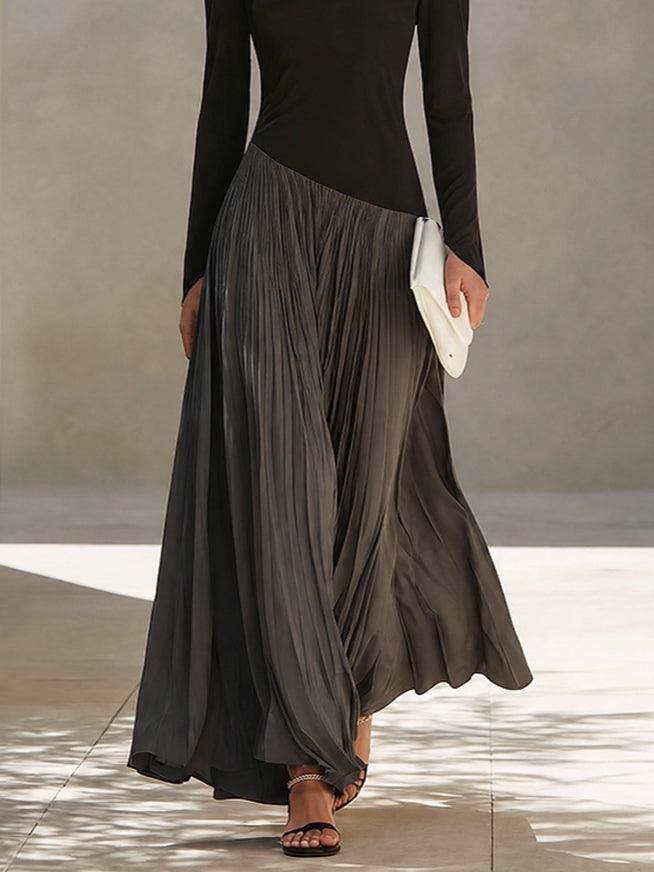 Abito Maxi Plissettato con Collo Drappeggiato Bicolore Nero e Grigio