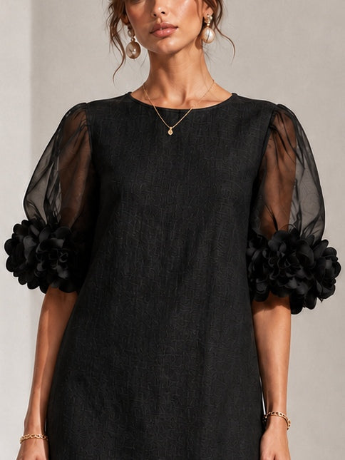 Mini Abito In Organza Nera Con Maniche A Palloncino E Polsini Floreali Straordinari