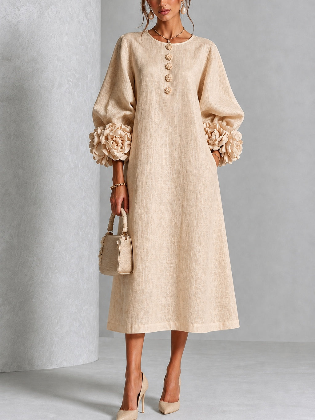 Amber | Minivestido de mezcla de lino con puños color rosa, beige
