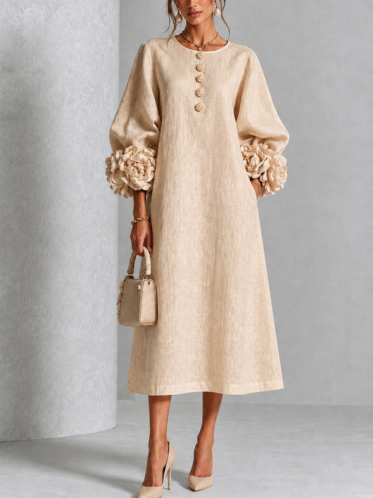 Amber | Minivestido de mezcla de lino con puños color rosa, beige