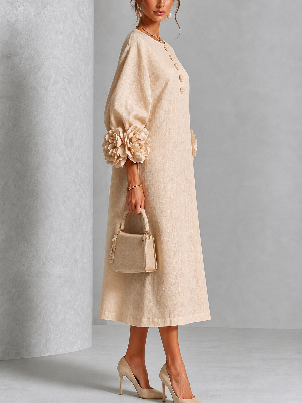 Amber | Minivestido de mezcla de lino con puños color rosa, beige