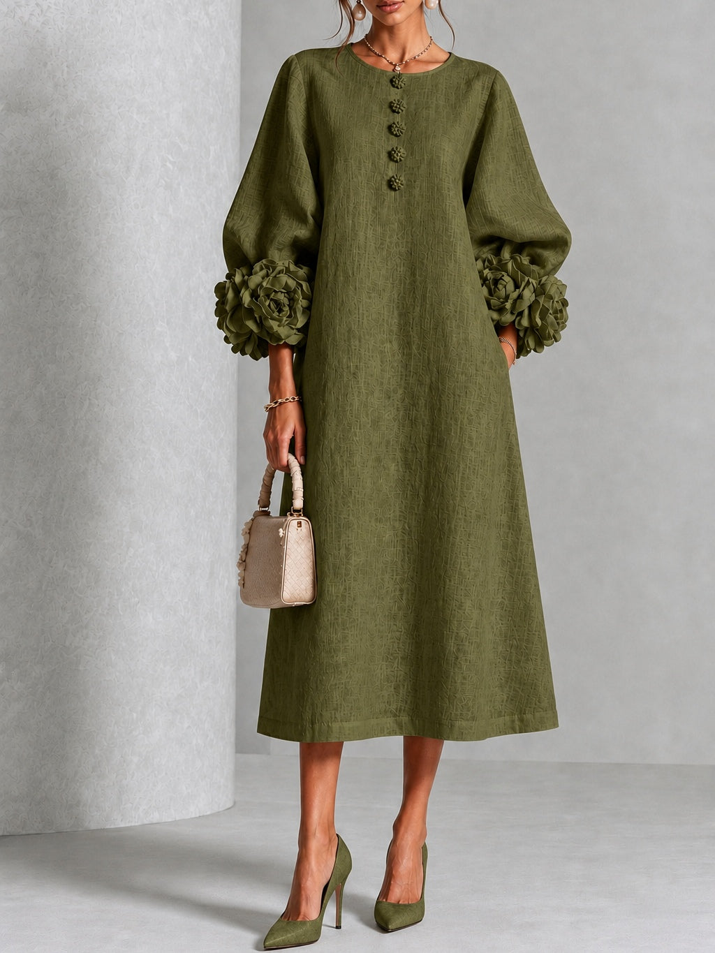 Gaia | Minivestido de mezcla de lino con puños rosas, verde oliva