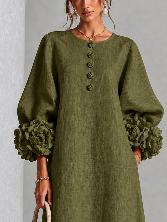 Gaia | Minivestido de mezcla de lino con puños rosas, verde oliva