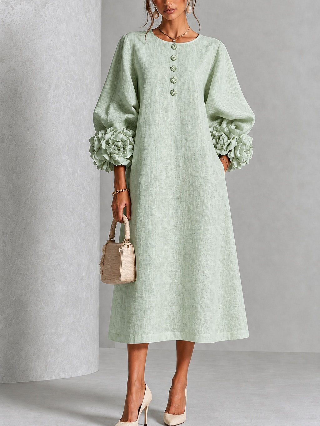 Delia | Minivestido de mezcla de lino con puños color rosa, verde salvia