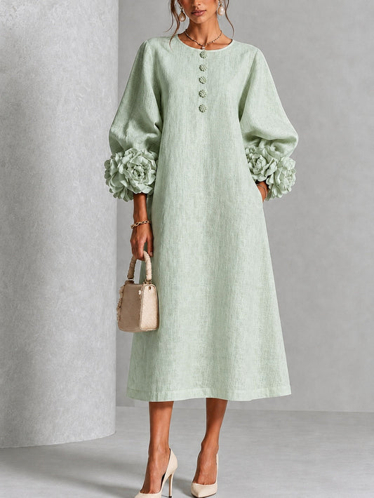 Delia | Minivestido de mezcla de lino con puños color rosa, verde salvia