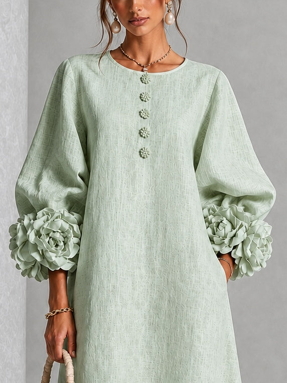 Delia | Minivestido de mezcla de lino con puños color rosa, verde salvia