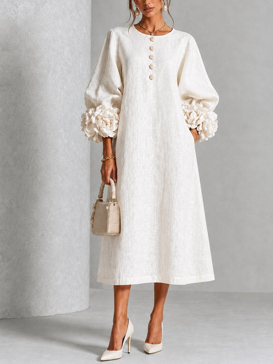 Chiara | Minivestido de mezcla de lino con puños de rosas, blanco