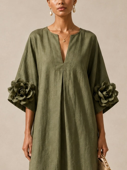 VESTIDO MIDI VERDE OLIVA CON CUELLO EN V Y MANGAS FLORALES EXTRAVAGANTES