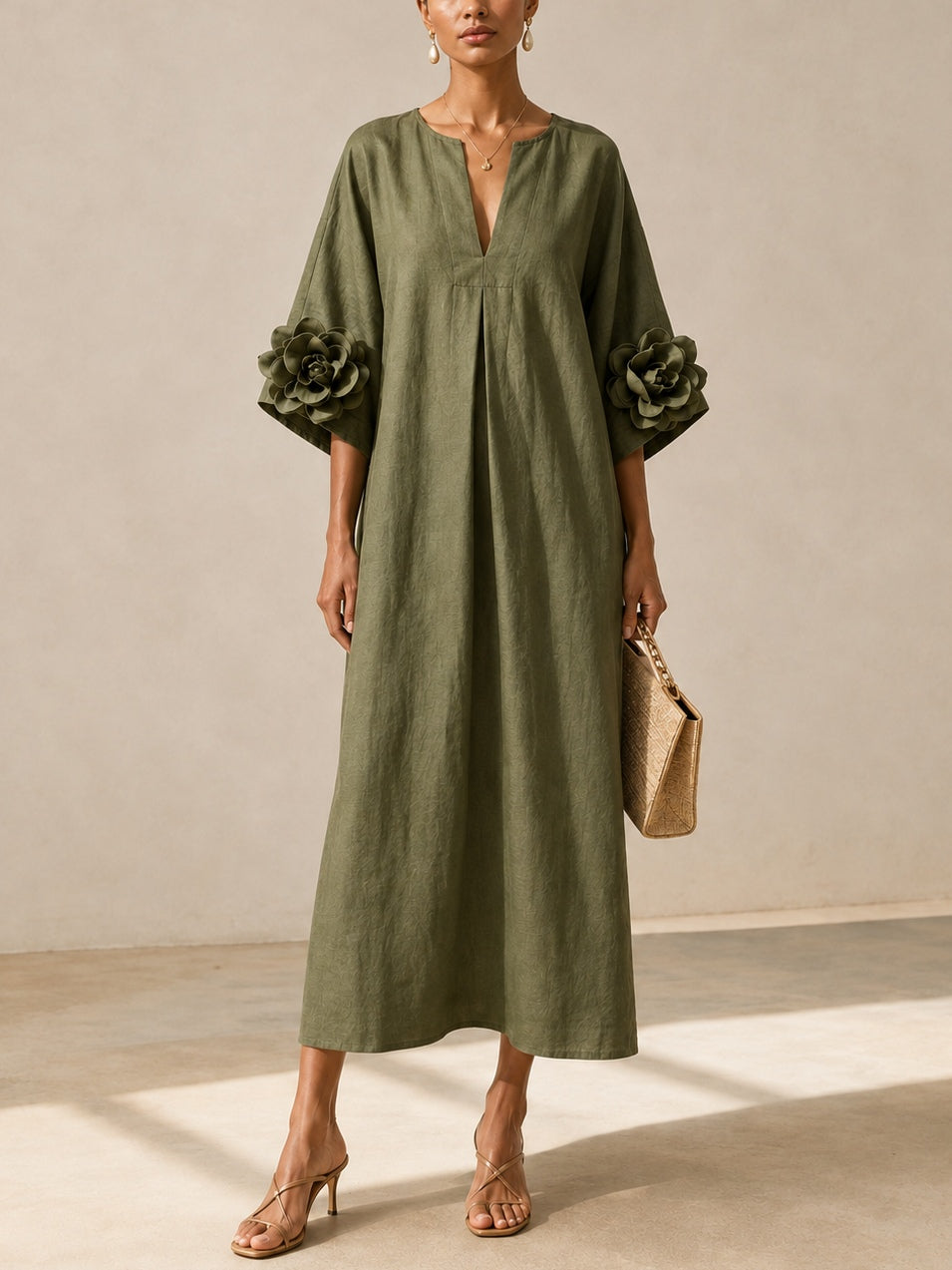 VESTIDO MIDI VERDE OLIVA CON CUELLO EN V Y MANGAS FLORALES EXTRAVAGANTES