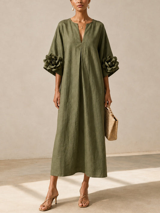 VESTIDO MIDI VERDE OLIVA CON CUELLO EN V Y MANGAS FLORALES EXTRAVAGANTES