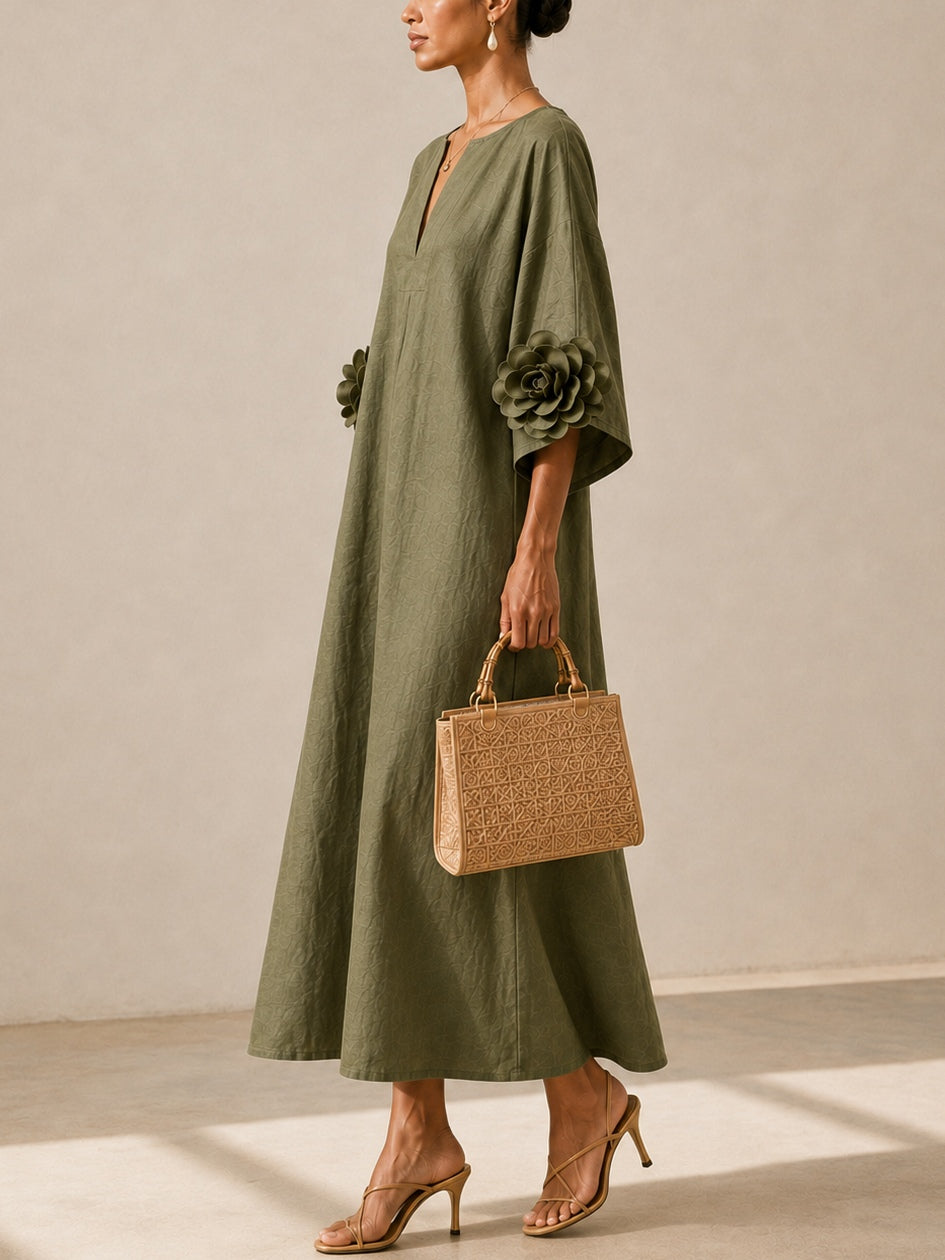 VESTIDO MIDI VERDE OLIVA CON CUELLO EN V Y MANGAS FLORALES EXTRAVAGANTES