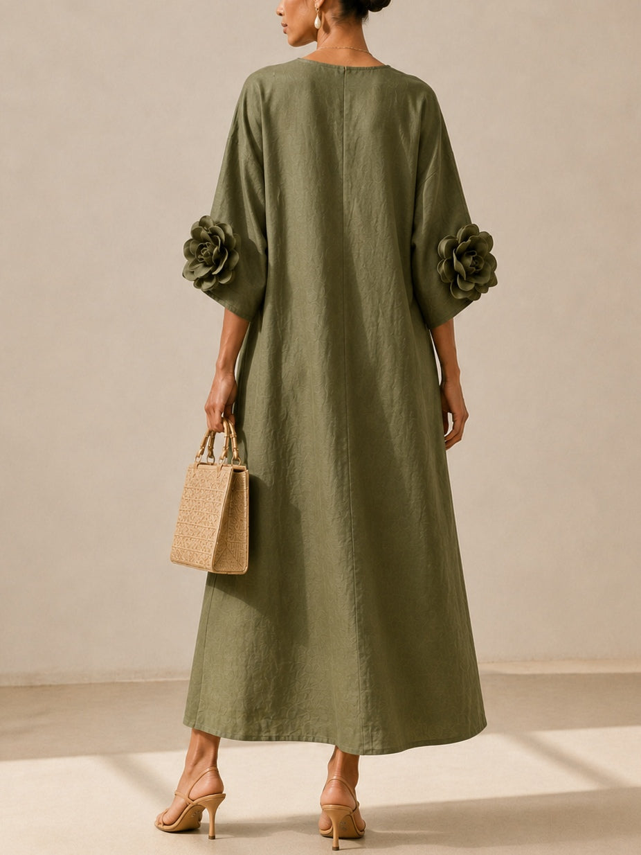 VESTIDO MIDI VERDE OLIVA CON CUELLO EN V Y MANGAS FLORALES EXTRAVAGANTES