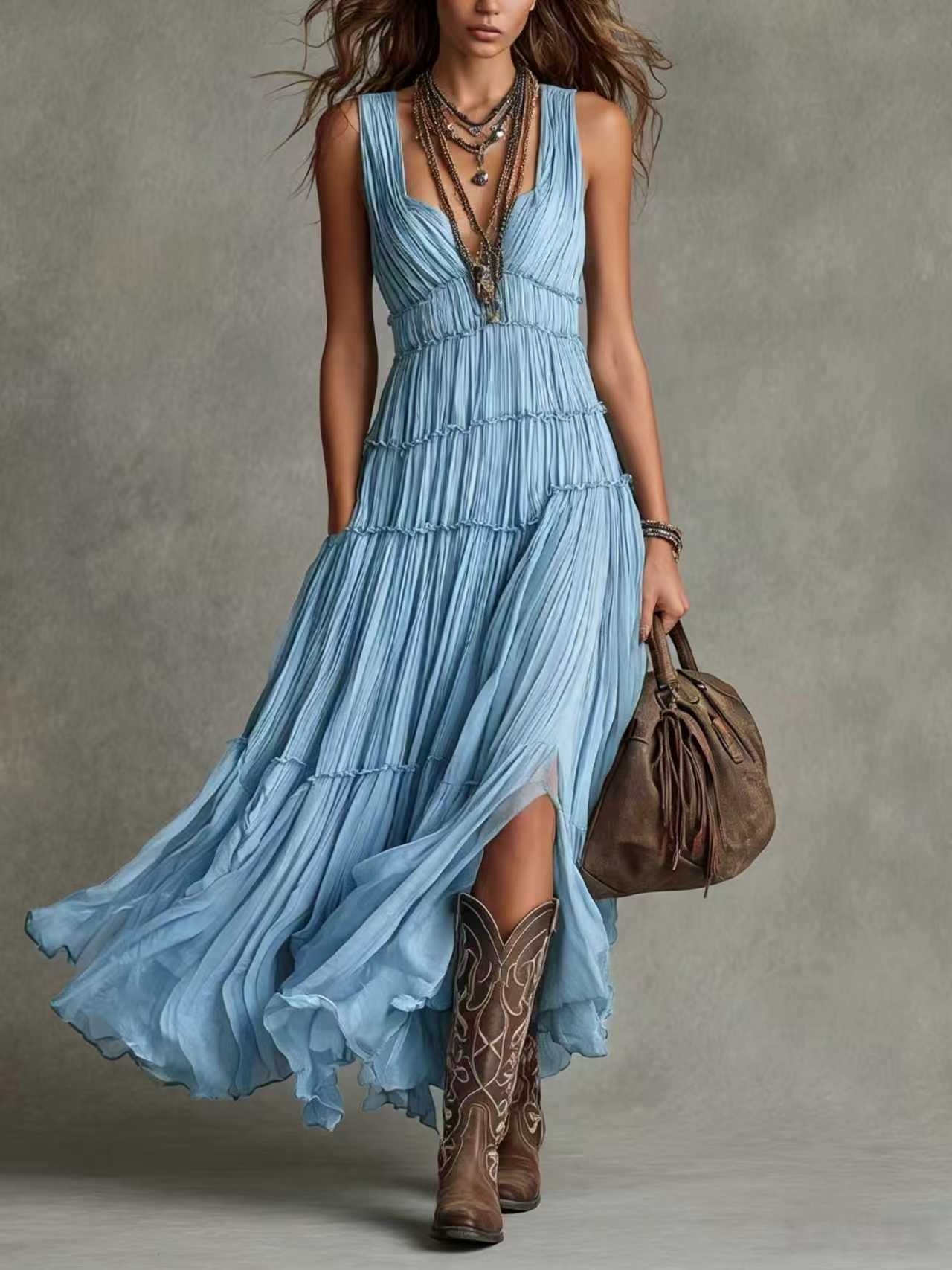 Rosalia | Abito Maxi Plissettato in Chiffon Bohémien