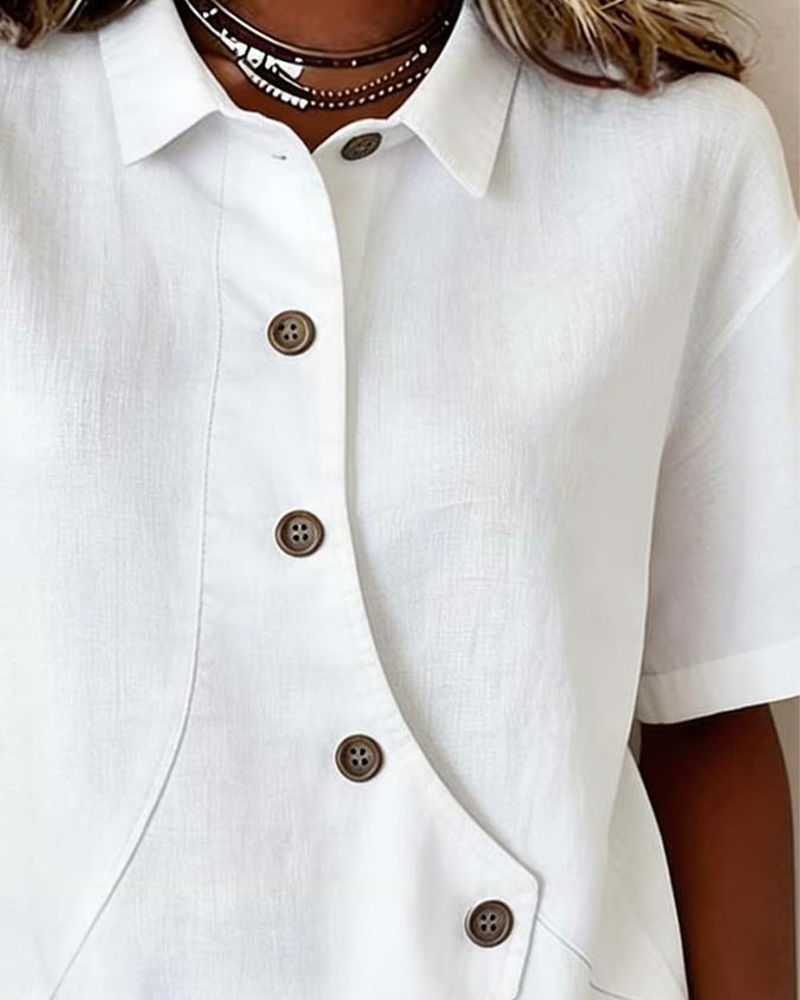 Julia - Blusa Asimétrica de Algodón-Lino con Botones