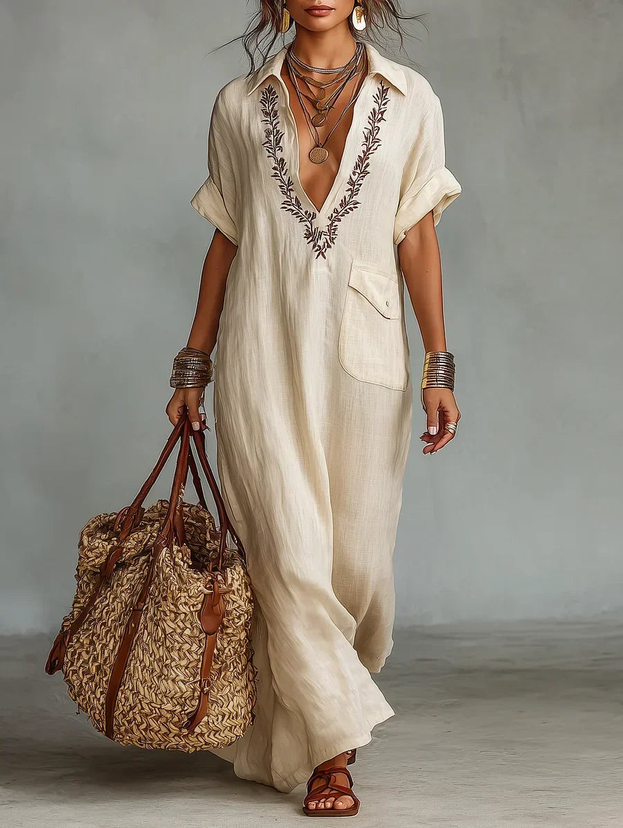 Ginevra | Abito Camicia Maxi in Lino Ricamato