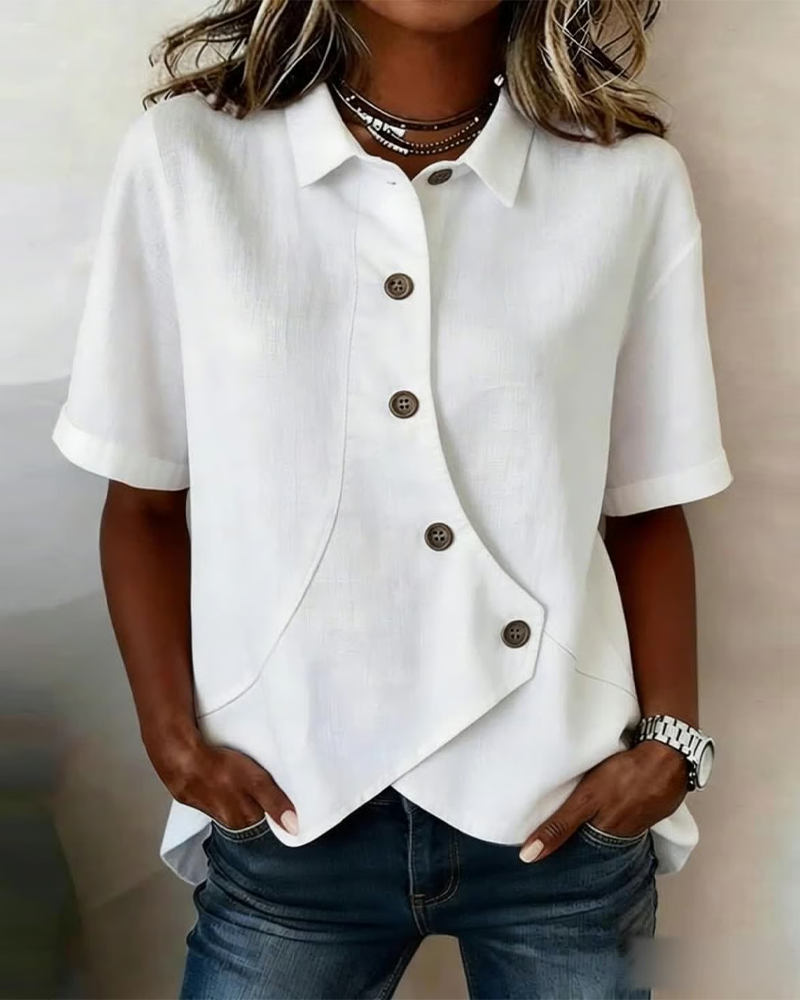 Julia - Blusa Asimétrica de Algodón-Lino con Botones