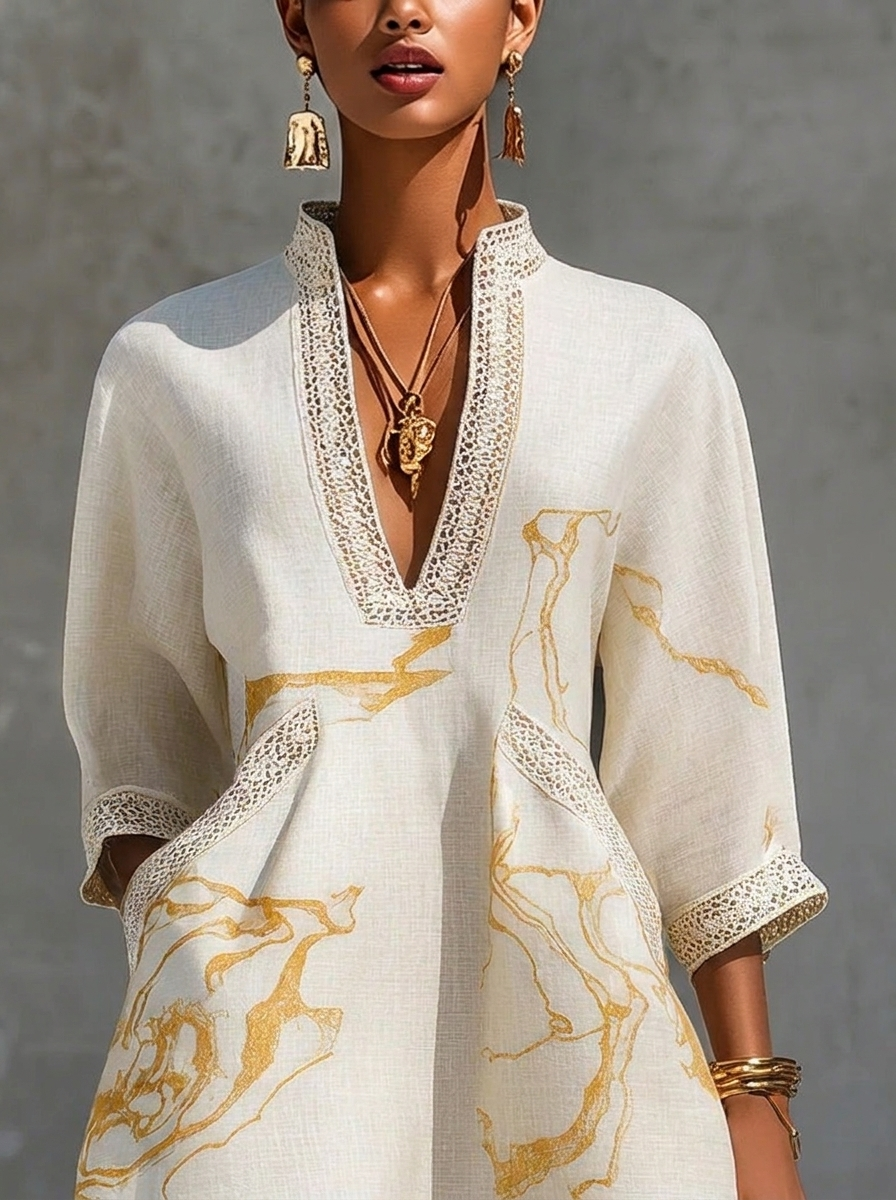 Donatella | Mini abito bianco con stampa marmo dorata e pizzo crochet