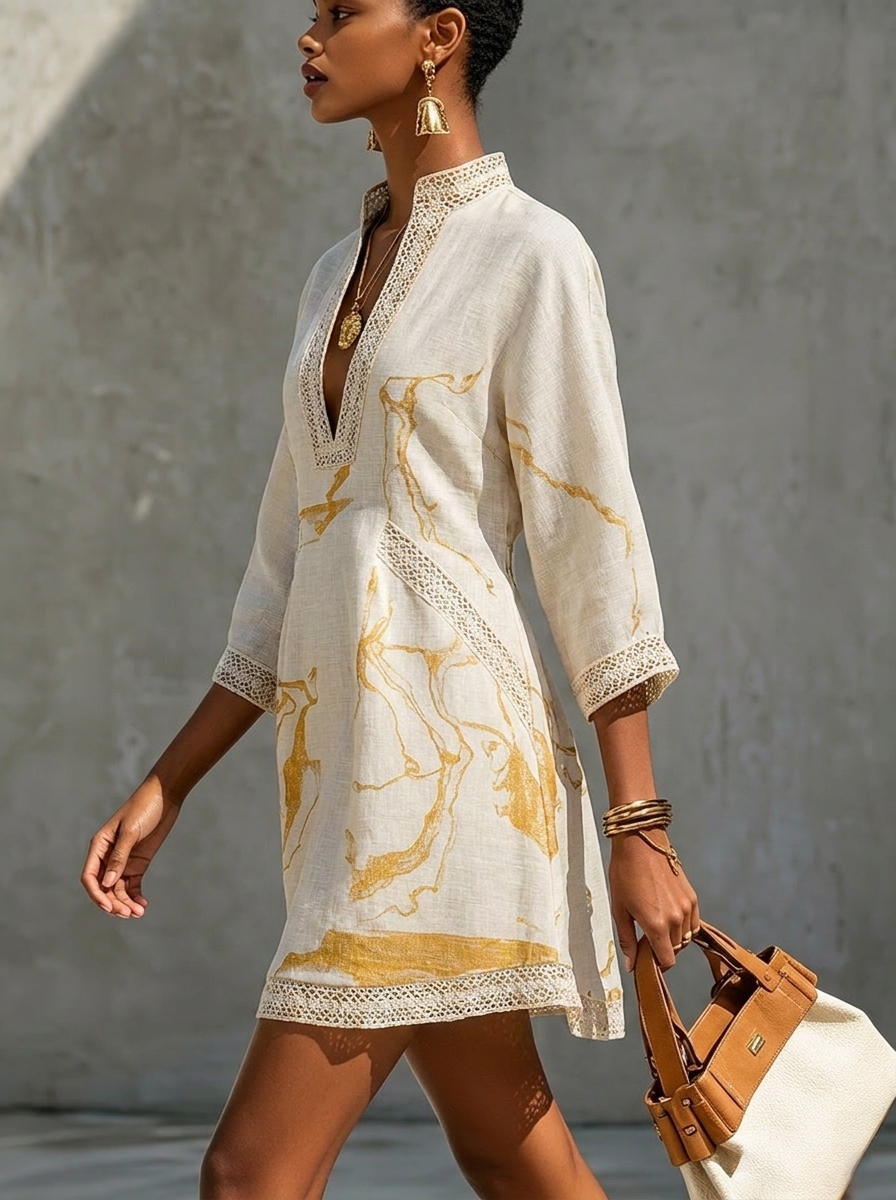 Donatella | Mini abito bianco con stampa marmo dorata e pizzo crochet