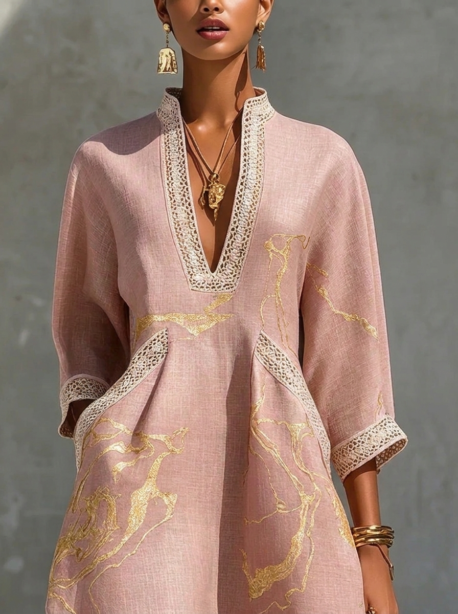 Donatella | Mini abito rosa con stampa marmo dorata e pizzo crochet