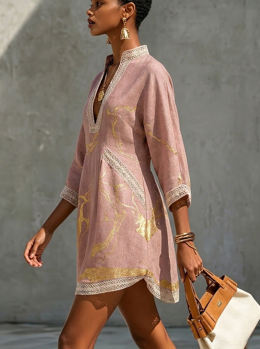 Donatella | Mini abito rosa con stampa marmo dorata e pizzo crochet