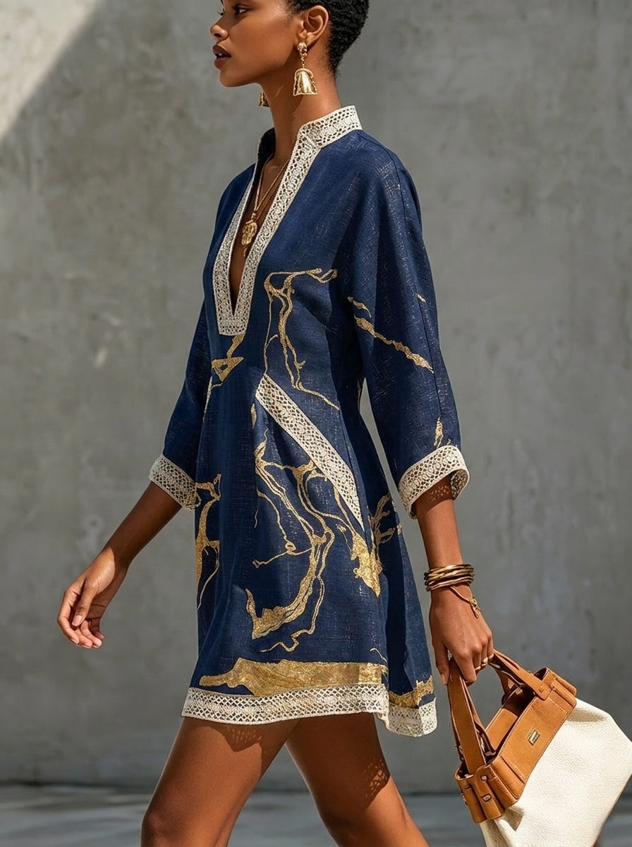 Donatella | Mini abito blu con stampa marmo dorata e pizzo crochet