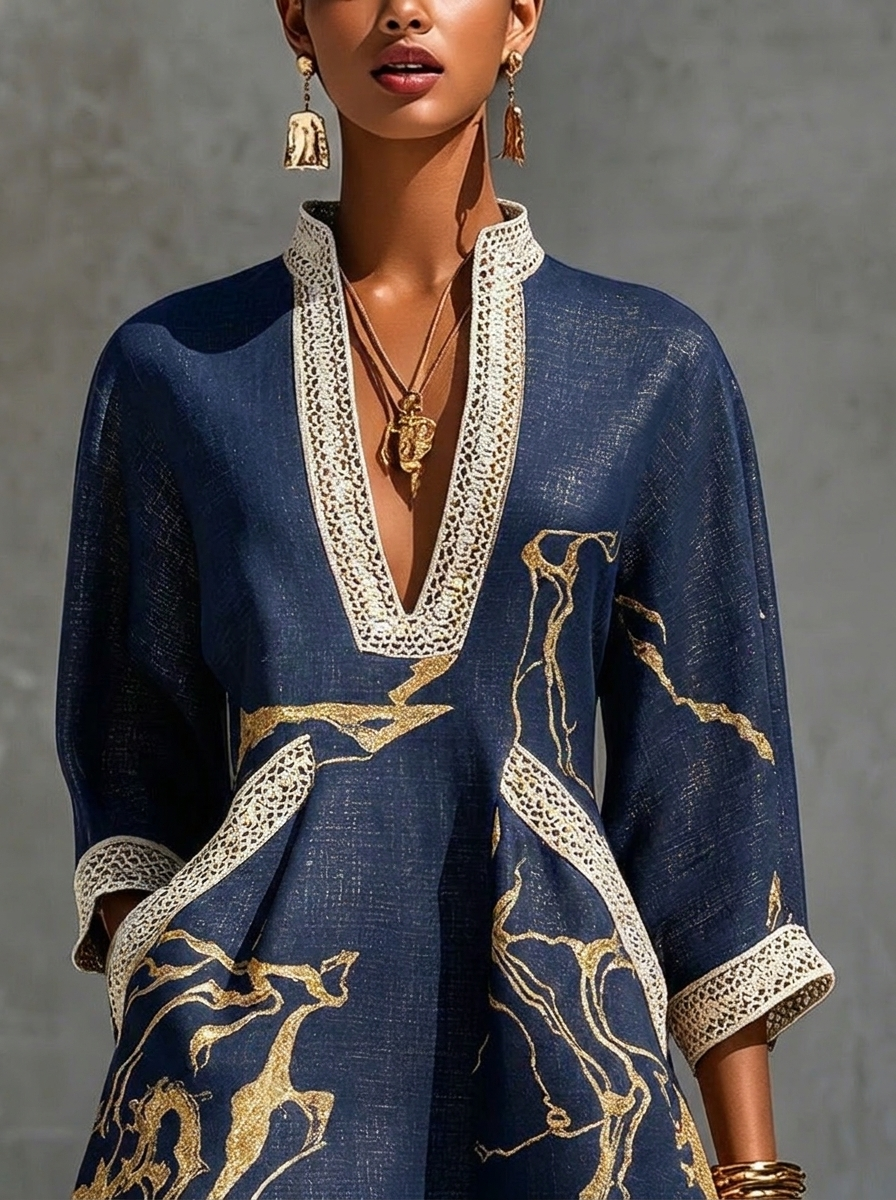 Donatella | Mini abito blu con stampa marmo dorata e pizzo crochet