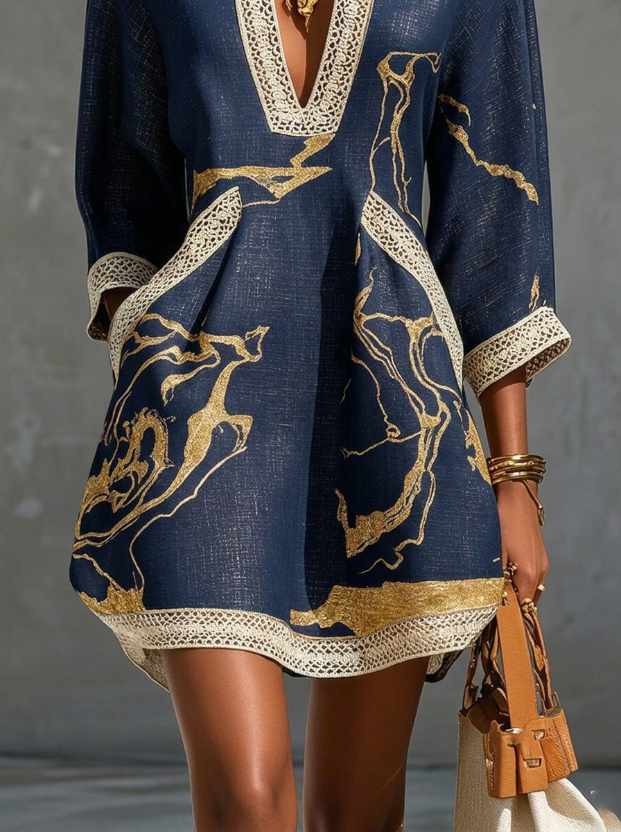 Donatella | Mini abito blu con stampa marmo dorata e pizzo crochet