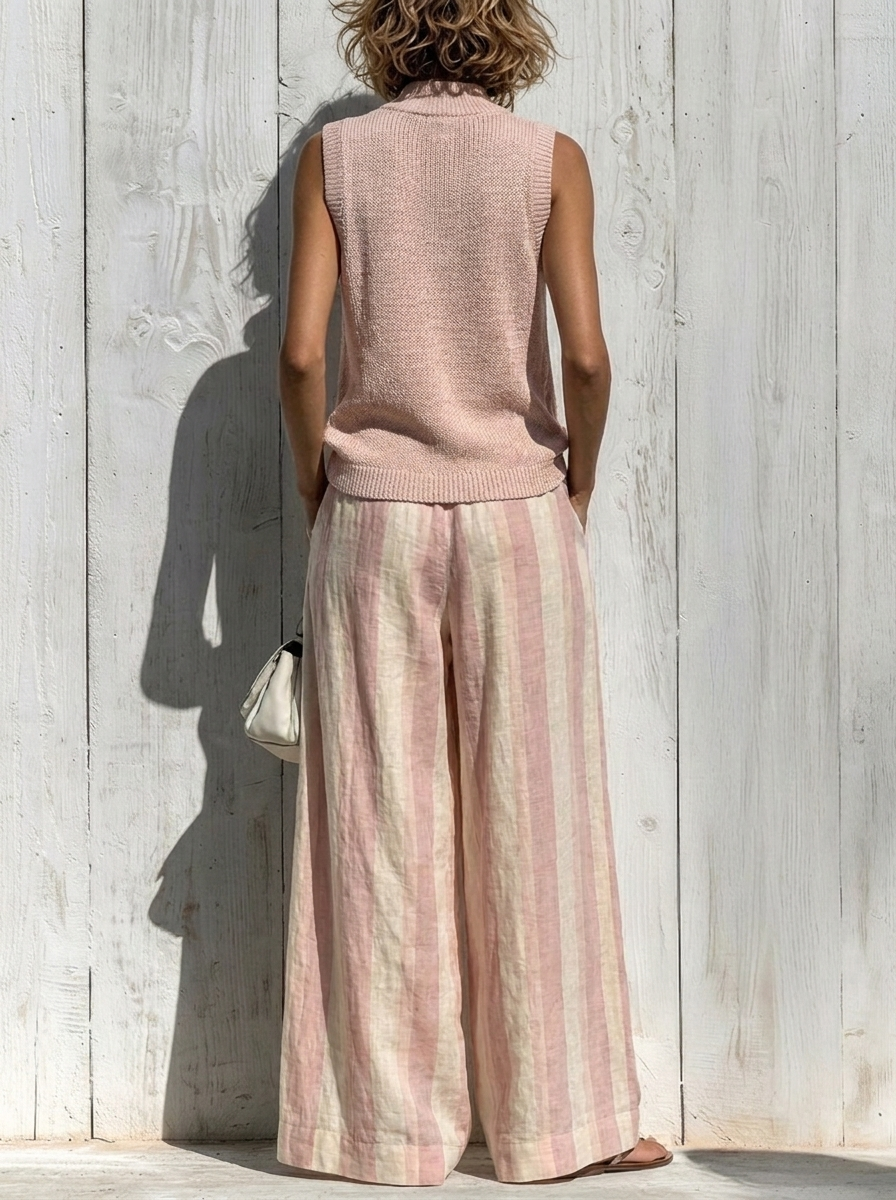 Completo top senza maniche e pantaloni a righe larghi