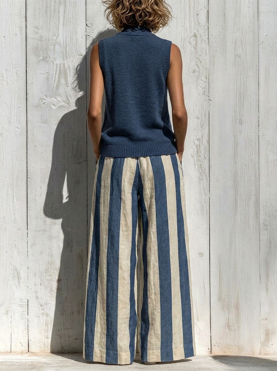 Completo top senza maniche e pantaloni a righe larghi