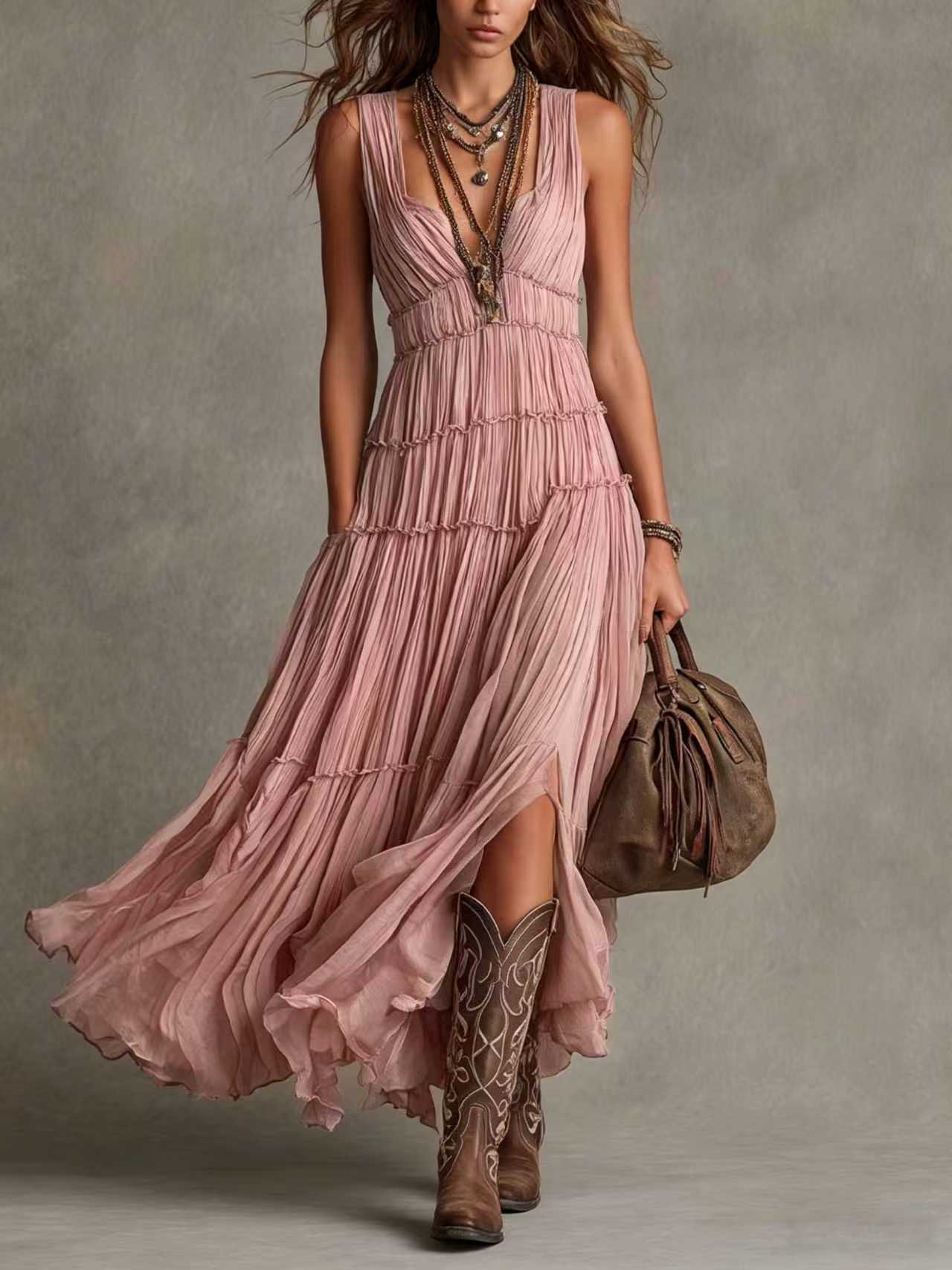 Rosalia | Abito Maxi Plissettato in Chiffon Bohémien