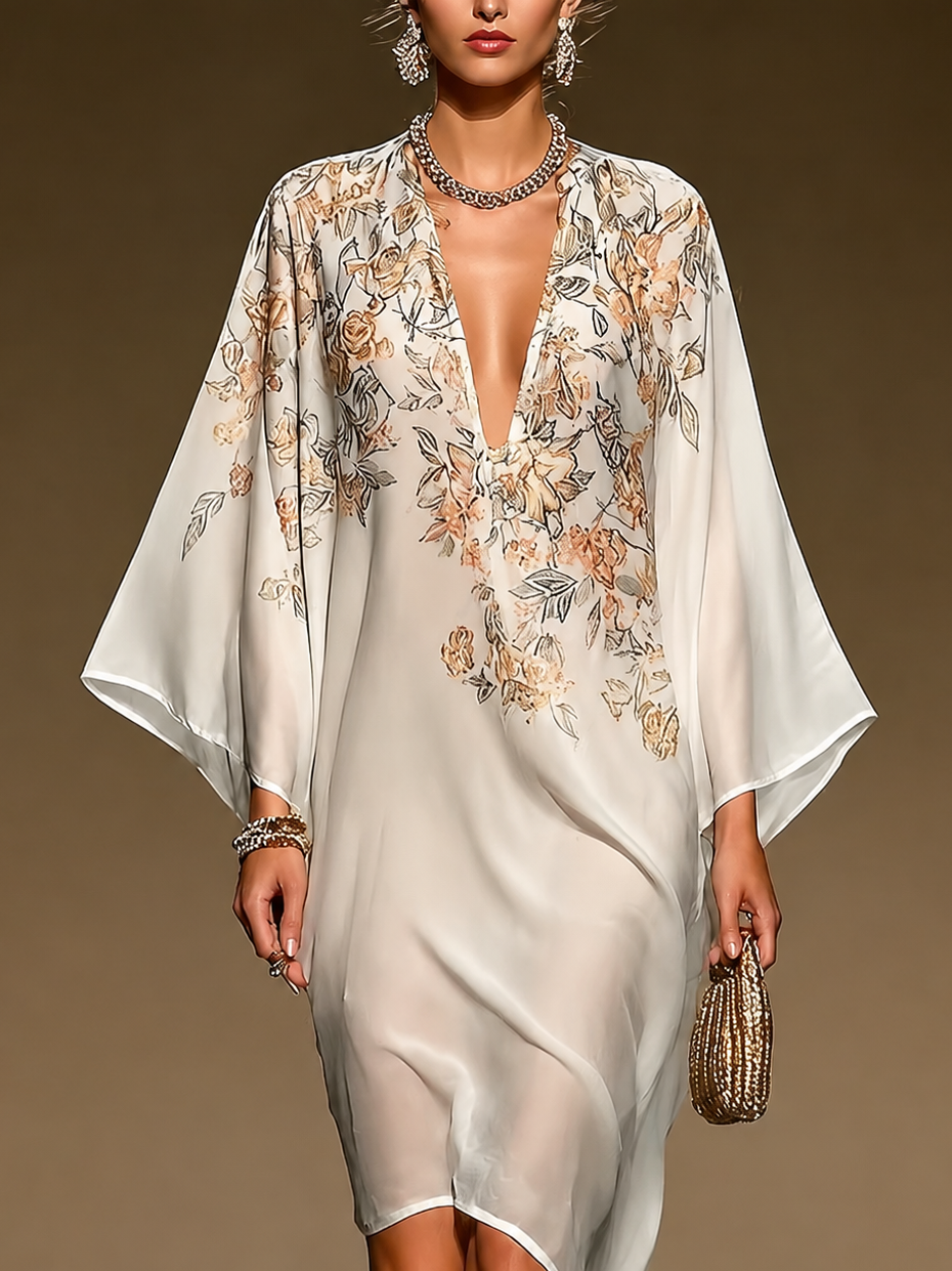 VESTIDO CAFTÁN DE GASA BEIGE CON ESTAMPADO FLORAL, ESCOTE EN V PROFUNDO, MANGA DE MURCIÉLAGO, DOBLATE ASIMÉTRICO, VESTIDO MIDI FLUIDO